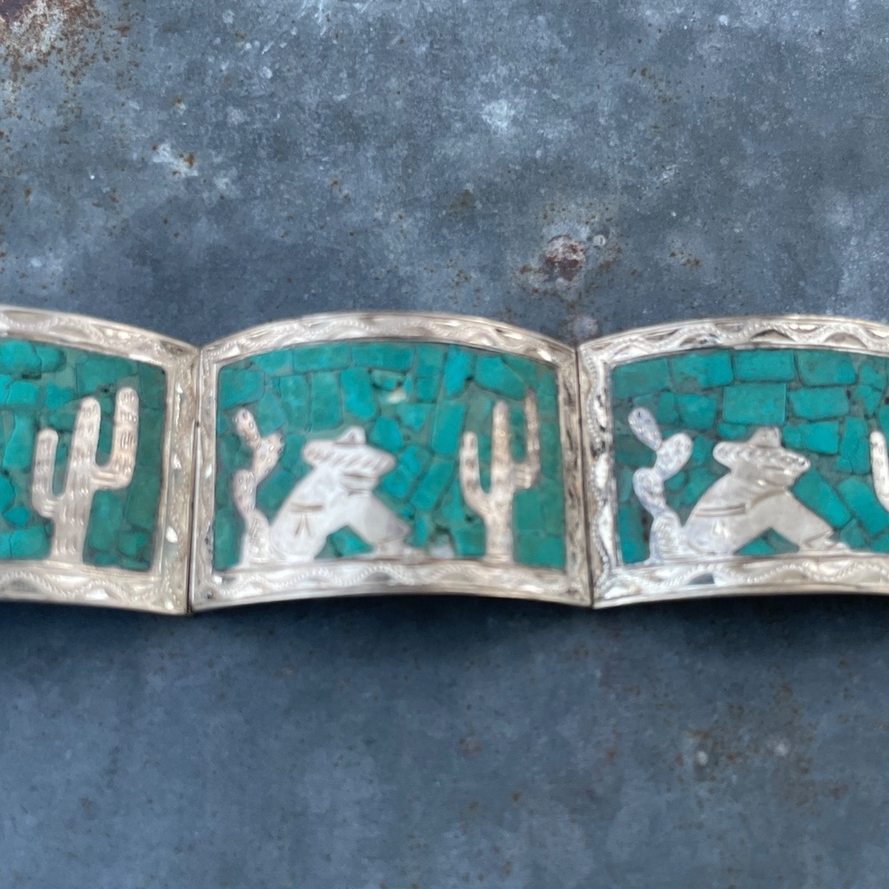 Vintage Mexico Sterling Turquoise Inlay Link Bracelet 6.5" - Picture 2 of 6